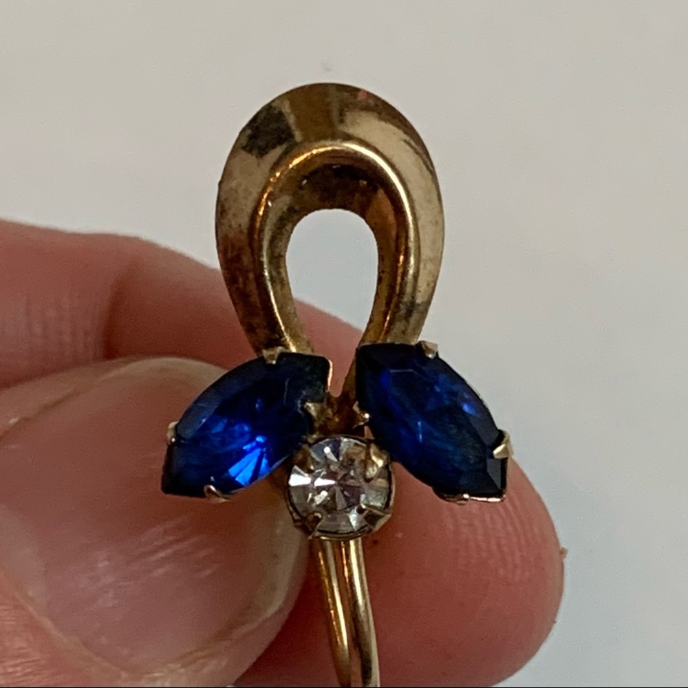 Bal-Ron Gold Filled Blue Clear Rhinestone Vintage Screw Back Earrings Signed